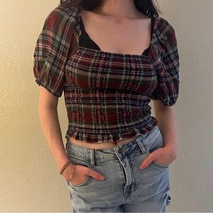 plaid crop top with puffy sleeves